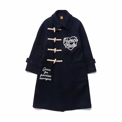 HUMAN MADE FW22 Blue Tweed Duffle Coat with Heart Logo Embroidery for Men. HM24JK022