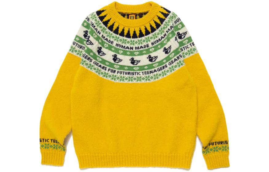 Sizing HUMAN MADE FW22 Sweater Knit Crewneck Unisex Gaya Warna Blok. HM24CS036