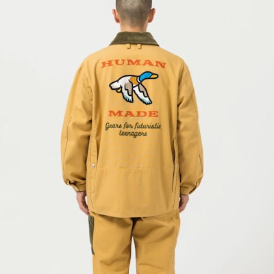 HUMAN MADE FW22 Jaket Kemeja Beige Pria Kerah Kontras Single-Breasted. HM24JK011 Details for HUMAN MADE FW22 Jaket Kemeja Beige Pria Kerah Kontras Single-Breasted. HM24JK011