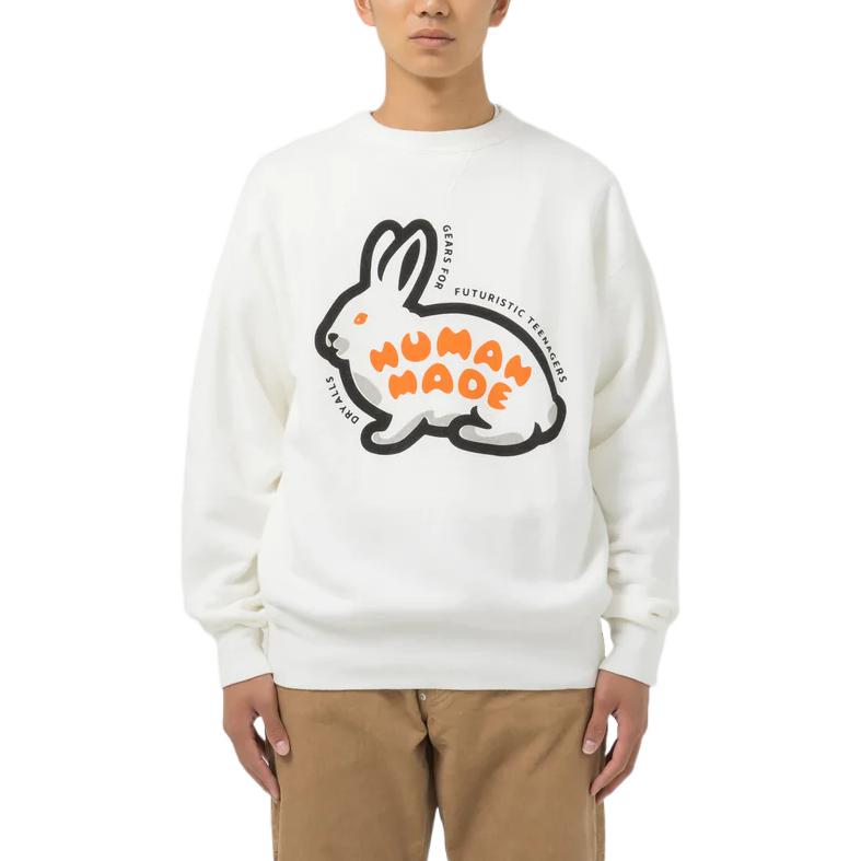 Shop 휴먼메이드 FW22 래빗 로고 화이트 크루넥 스웨트셔츠 풀오버 HM24CS020