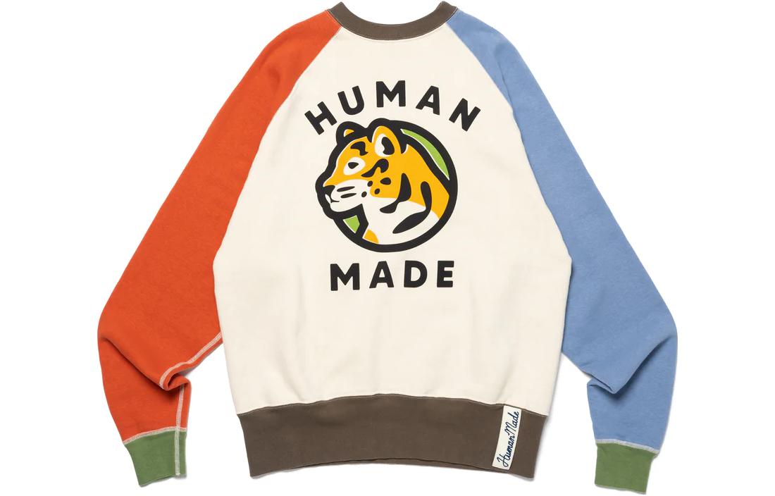Human Made FW23 Crazy Colorblock Logo Tiger Print Crewneck Sweatshirt White HM26CS022