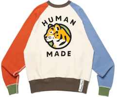 Human Made FW23 Crazy Colorblock Logo Tiger Print Crewneck Sweatshirt White HM26CS022 Human Made FW23 Crazy Colorblock Logo Tiger Print Crewneck Sweatshirt White HM26CS022