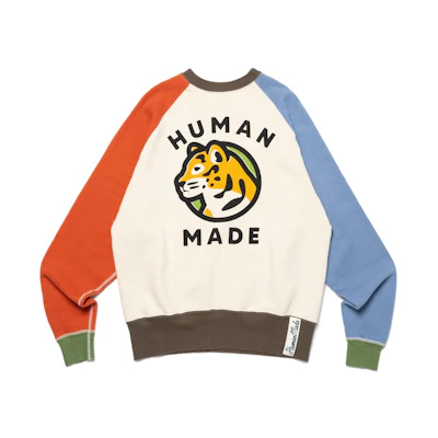 Human Made FW23 Crazy Colorblock Logo Tiger Print Crewneck Sweatshirt White HM26CS022