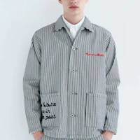 Shop HUMAN MADE 2023秋冬蓝色条纹夹克 工鸭Logo刺绣 男女同款。 HM26JK010