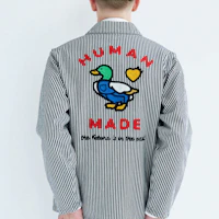 Purchase HUMAN MADE 2023秋冬蓝色条纹夹克 工鸭Logo刺绣 男女同款。 HM26JK010