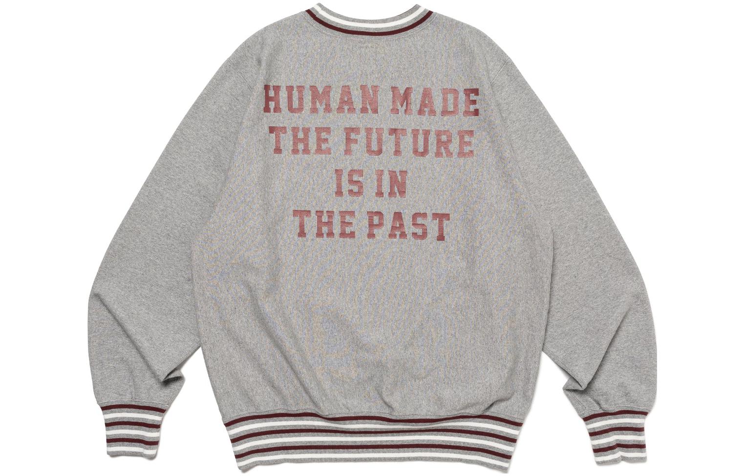 Shop HUMAN MADE FW23 男女同款徽标刺绣条纹下摆圆领卫衣。 HM26CS027