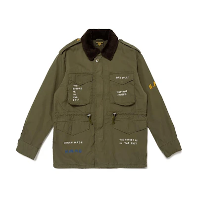 HUMAN MADE FW24 Olive Green Snake Collar Zip Jacket Unisex with Hand-Drawn Prints HM28JK021