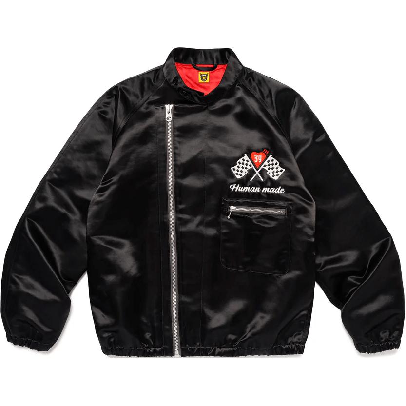 HUMAN MADE FW24 Racing Jacket Black Cartoon Duck Embroidery Satin Unisex Jacket. HM28JK048