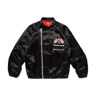 HUMAN MADE FW24 Racing Jacket Black Cartoon Duck Embroidery Satin Unisex Jacket. HM28JK048
