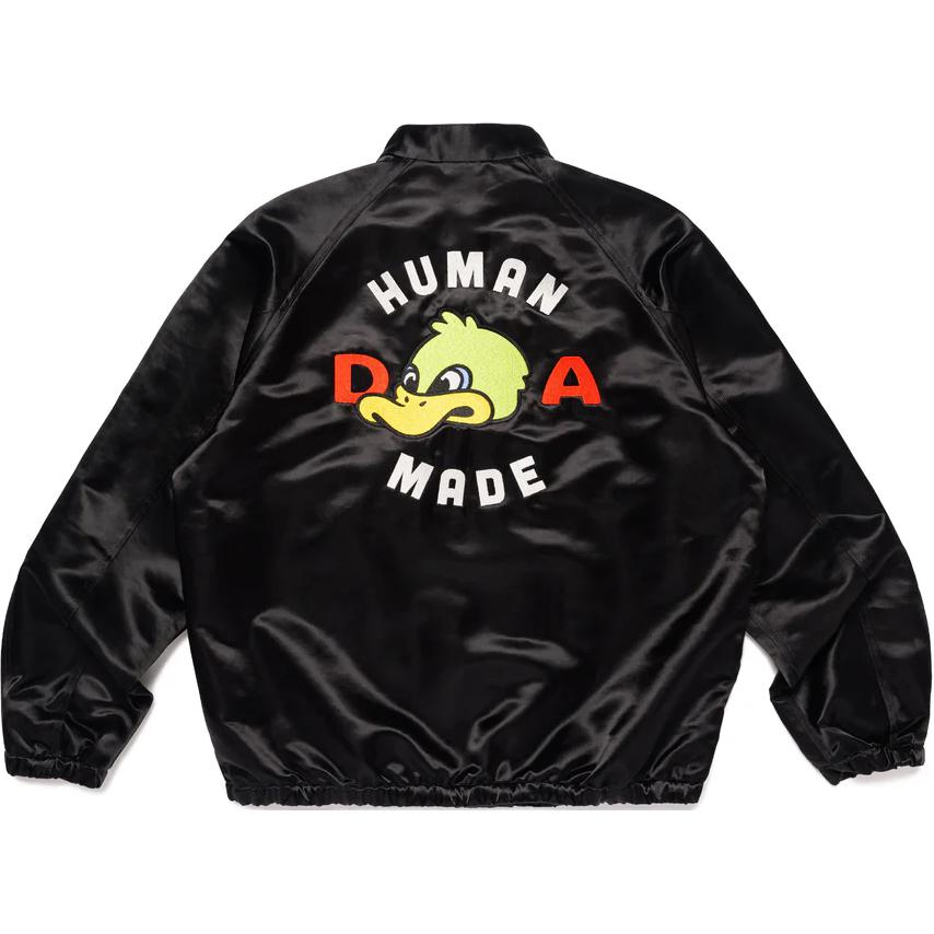 Lookbook HUMAN MADE FW24 Racing Jacket Black Cartoon Duck Embroidery Satin Unisex Jacket. HM28JK048