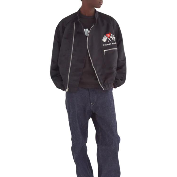 Shop HUMAN MADE FW24 Racing Jacket Black Cartoon Duck Embroidery Satin Unisex Jacket. HM28JK048