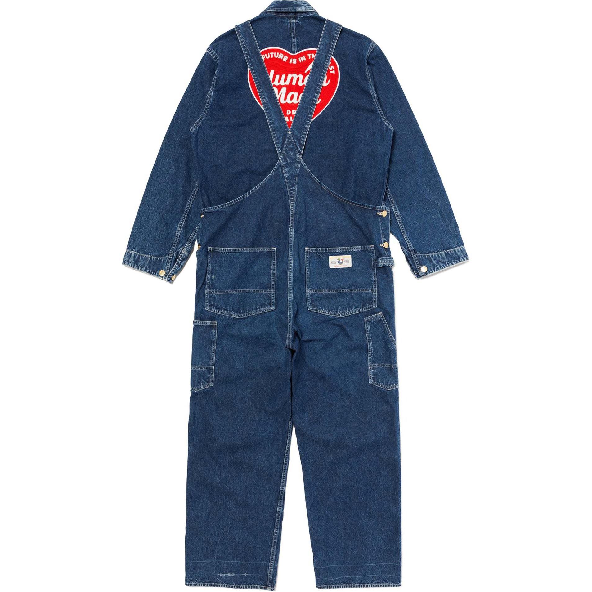 Lookbook HUMAN MADE FW24 男女同款心形刺绣多口袋牛仔连体衣 靛蓝色。 HM28JK003