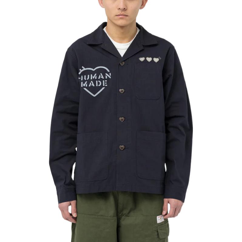 Shop 휴먼메이드 하트 로고 프린트 버튼업 긴팔 셔츠 - 유니섹스. HM25JK029