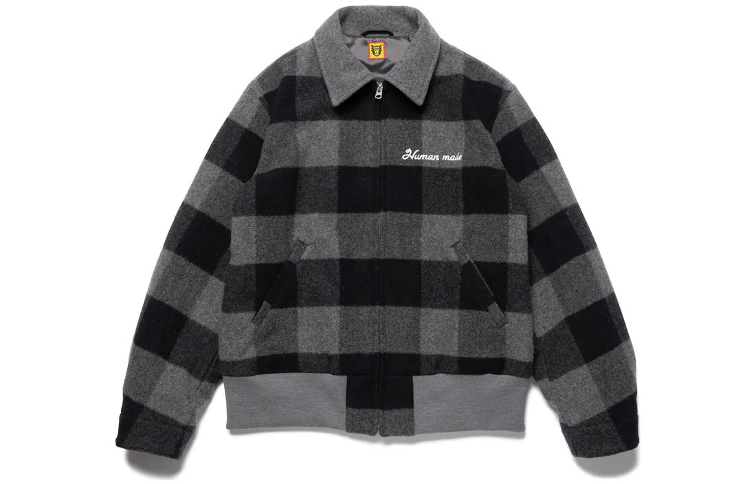 HUMAN MADE Plaid Zip-Up Jacket with Cartoon Bear Print Unisex Casual Outerwear HM24JK019