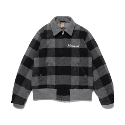 HUMAN MADE Plaid Zip-Up Jacket with Cartoon Bear Print Unisex Casual Outerwear HM24JK019