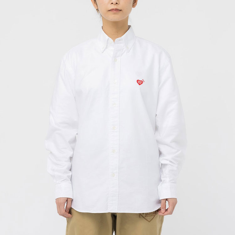 Shop 휴먼메이드 솔리드 하트 로고 자수 옥스포드 긴팔 셔츠 유니섹스 HM25SH005