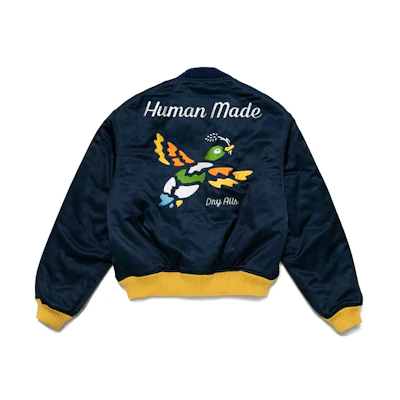Human Made SS21 Varsity Satin Jacket Navy Yokosuka Duck Bomber Jacket Men HM21JK003