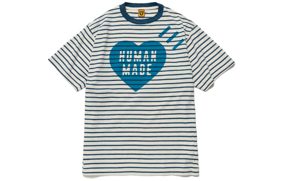 Shop HUMAN MADE SS22 条纹爱心印花男女同款圆领T恤 HM23CS028