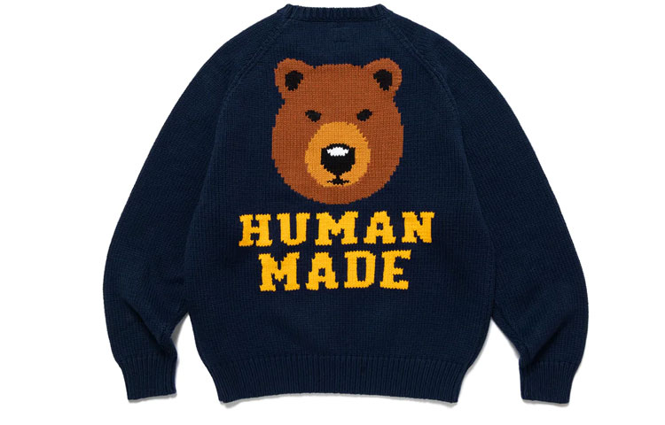 HUMAN MADE SS23 Bear Raglan Knit Sweater Alphabet Jacquard Unisex Pullover. HM25CS001