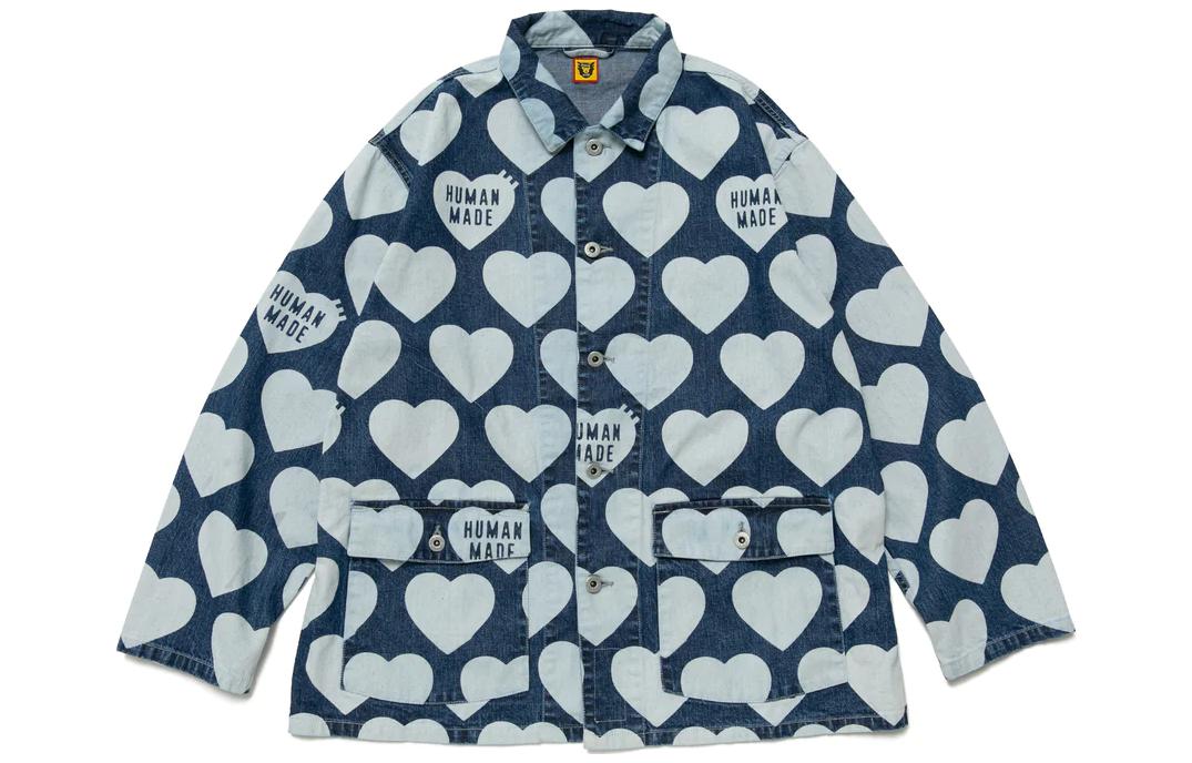 HUMAN MADE SS23 Heart Pattern Denim Jacket Unisex Blue. HM25JK024