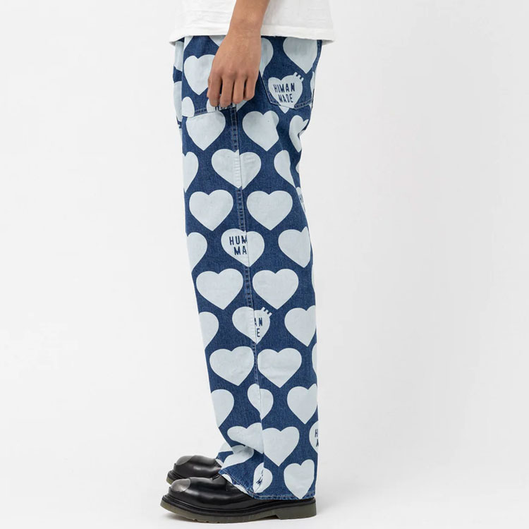 Details for HUMAN MADE SS23 Heart Pattern Relaxed Fit Denim Jeans Unisex Blue. HM25PT013
