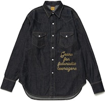 HUMAN MADE SS23 Indigo Denim Western Shirt Unisex Embroidered Long Sleeve. HM25SH009 HUMAN MADE SS23 Indigo Denim Western Shirt Unisex Embroidered Long Sleeve. HM25SH009