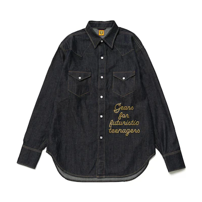 HUMAN MADE SS23 Indigo Denim Western Shirt Unisex Embroidered Long Sleeve. HM25SH009