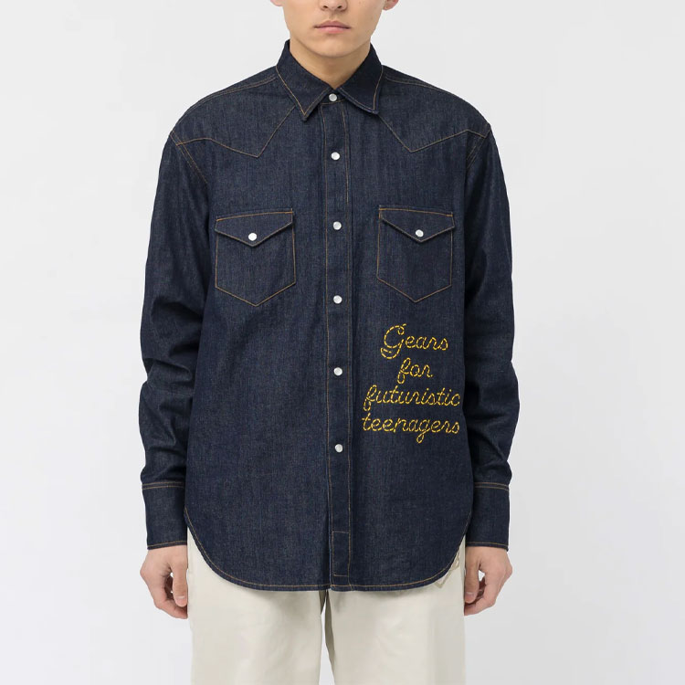 Shop HUMAN MADE SS23 Indigo Denim Western Shirt Unisex Embroidered Long Sleeve. HM25SH009