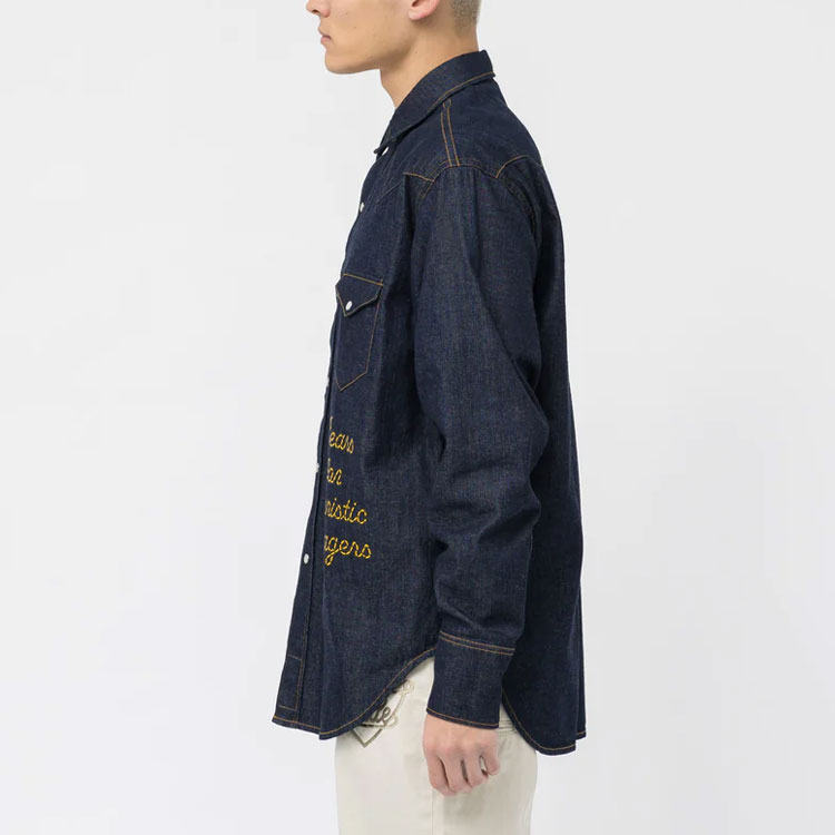 Details for HUMAN MADE SS23 Indigo Denim Western Shirt Unisex Embroidered Long Sleeve. HM25SH009