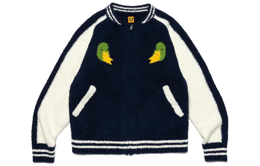 Lookbook HUMAN MADE 2023春夏款海军蓝拼接鸭子印花棒球夹克 男款 HM24JK032