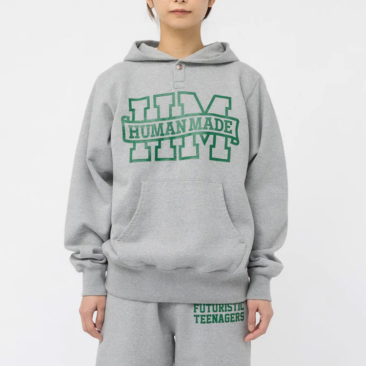 Shop HUMAN MADE SS23 Pullover Sweatshirt Unisex dengan Kerah Kancing dan Logo. HM25CS007