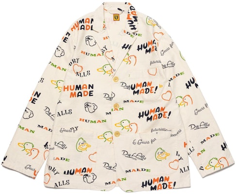 HUMAN MADE SS23 Jaket Lengan Panjang Putih Cetakan Itik Kartun Lelaki. HM25JK009 Order HUMAN MADE SS23 Jaket Lengan Panjang Putih Cetakan Itik Kartun Lelaki. HM25JK009