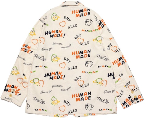 HUMAN MADE SS23 Jaket Lengan Panjang Putih Cetakan Itik Kartun Lelaki. HM25JK009 Lookbook HUMAN MADE SS23 Jaket Lengan Panjang Putih Cetakan Itik Kartun Lelaki. HM25JK009