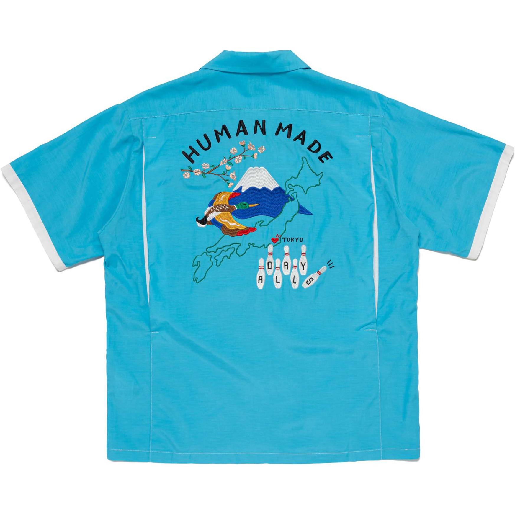HUMAN MADE SS24 Blue Embroidered Bowling Short Sleeve Shirt Unisex. HM27SH027