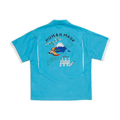HUMAN MADE SS24 Blue Embroidered Bowling Short Sleeve Shirt Unisex. HM27SH027