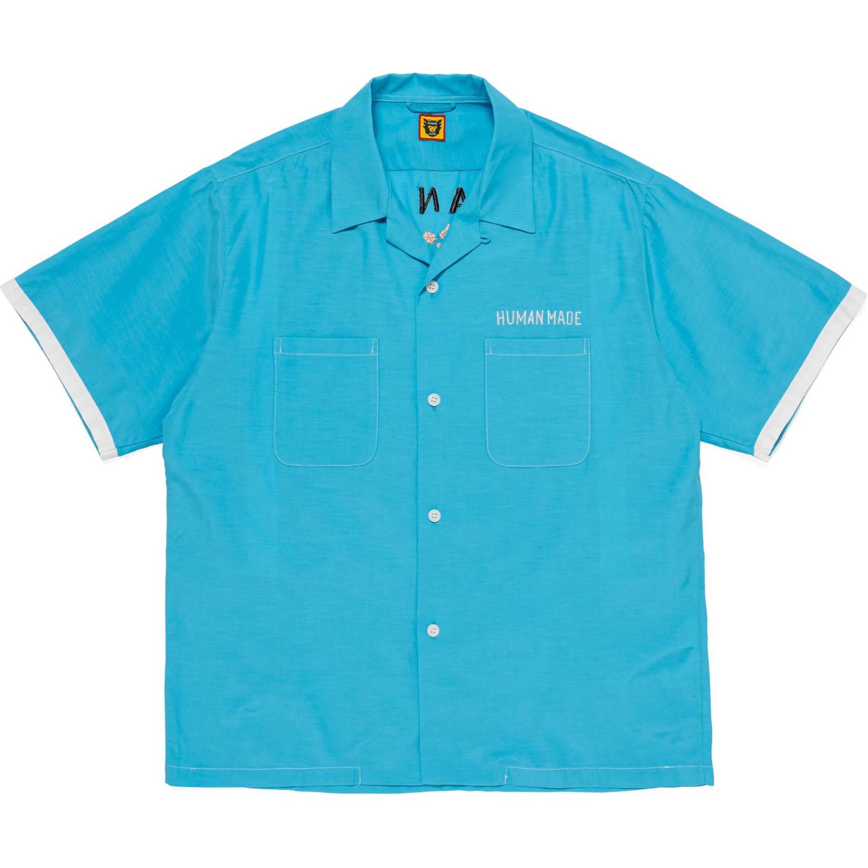 Lookbook 휴먼 메이드 SS24 블루 자수 볼링 반팔 셔츠 유니섹스. HM27SH027