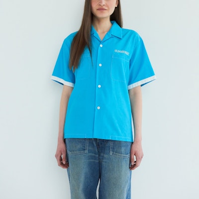 휴먼 메이드 SS24 블루 자수 볼링 반팔 셔츠 유니섹스. HM27SH027 Shop 휴먼 메이드 SS24 블루 자수 볼링 반팔 셔츠 유니섹스. HM27SH027