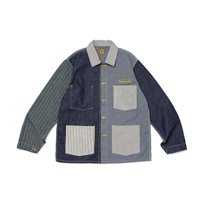 HUMAN MADE SS24 Crazy Coverall Jacket Indigo Unisex Button-Up Slogan Design. HM27JK012
