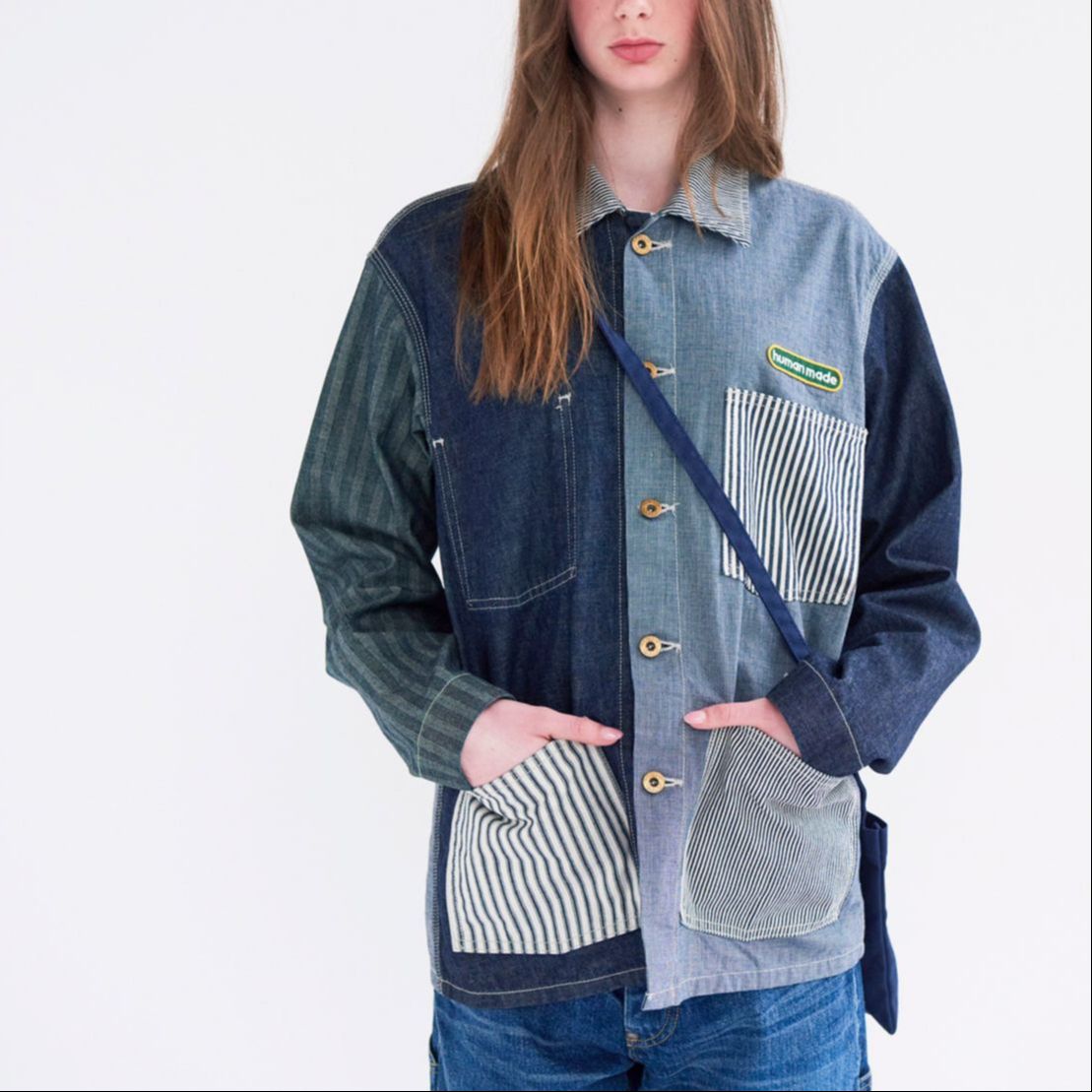 Shop HUMAN MADE SS24 Jaket Crazy Coverall Indigo Unisex Desain Tombol Slogan. HM27JK012