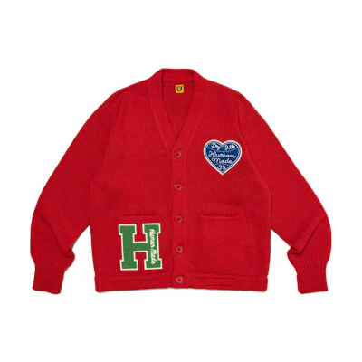 HUMAN MADE SS24 Heart Button Cardigan with Letter Patch Unisex Knit Sweater. HM27CS036