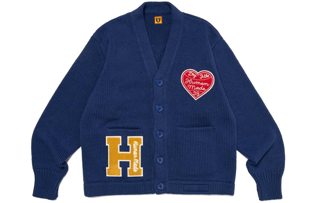 Order HUMAN MADE SS24 Cardigan Rajutan Unisex dengan Patch Huruf dan Tombol Heart. HM27CS036