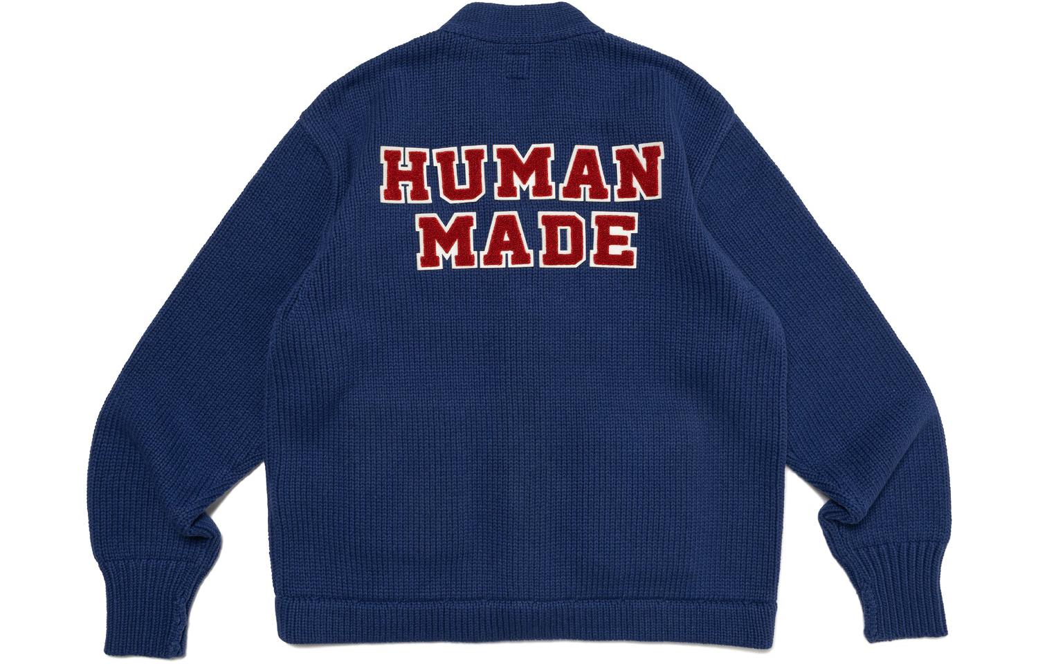 Lookbook HUMAN MADE SS24 Cardigan Rajutan Unisex dengan Patch Huruf dan Tombol Heart. HM27CS036