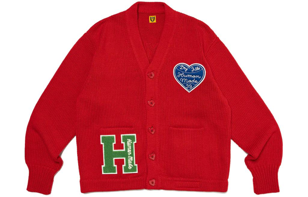 Shop HUMAN MADE SS24 Cardigan Rajutan Unisex dengan Patch Huruf dan Tombol Heart. HM27CS036