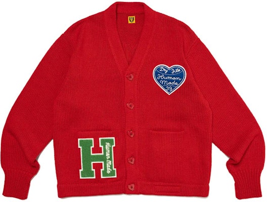 HUMAN MADE SS24 Cardigan Rajutan Unisex dengan Patch Huruf dan Tombol Heart. HM27CS036 Shop HUMAN MADE SS24 Cardigan Rajutan Unisex dengan Patch Huruf dan Tombol Heart. HM27CS036