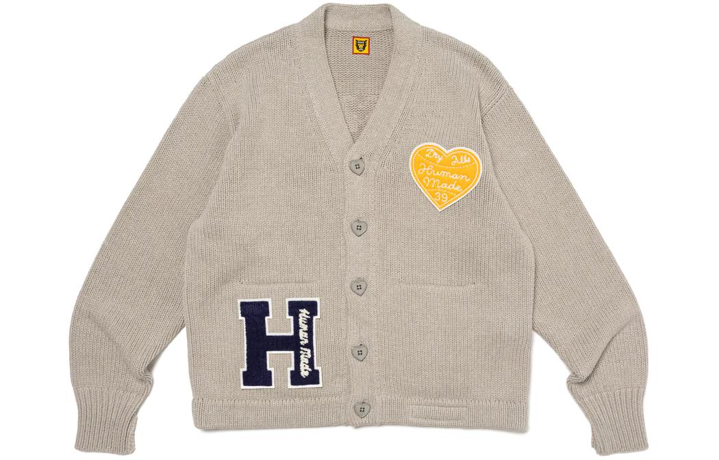 Details for HUMAN MADE SS24 Cardigan Rajutan Unisex dengan Patch Huruf dan Tombol Heart. HM27CS036