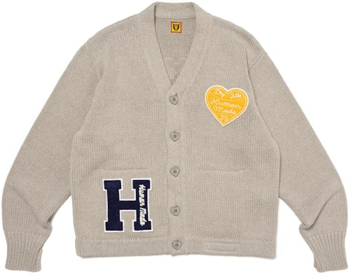HUMAN MADE SS24 Cardigan Rajutan Unisex dengan Patch Huruf dan Tombol Heart. HM27CS036 Details for HUMAN MADE SS24 Cardigan Rajutan Unisex dengan Patch Huruf dan Tombol Heart. HM27CS036