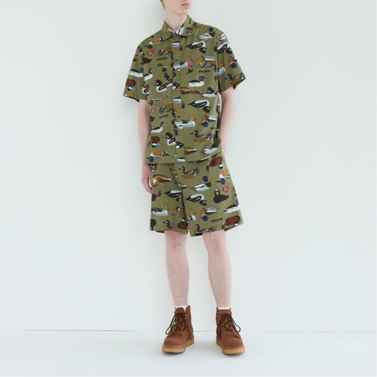 Shop 휴먼 메이드 SS24 썸머 바이브 오리 패턴 반팔 셔츠 유니섹스 HM27SH018