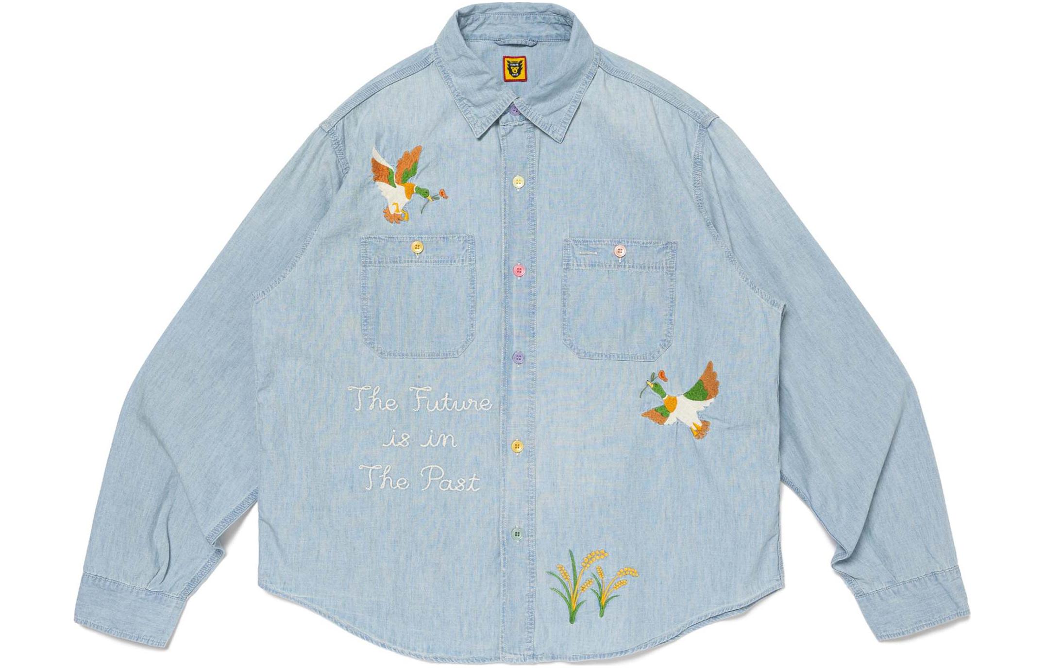 Order HUMAN MADE SS24 Teal Button-Up Shirt with Duck Animal Design Unisex Long Sleeve HM27SH010