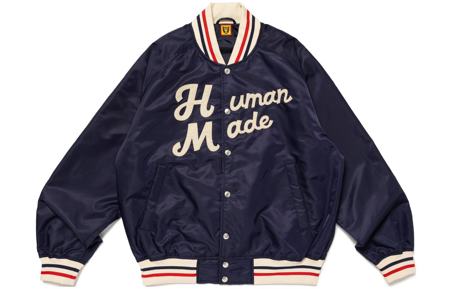 Order HUMAN MADE SS24 男女同款标志棒球夹克，条纹罗纹领设计. HM27JK008