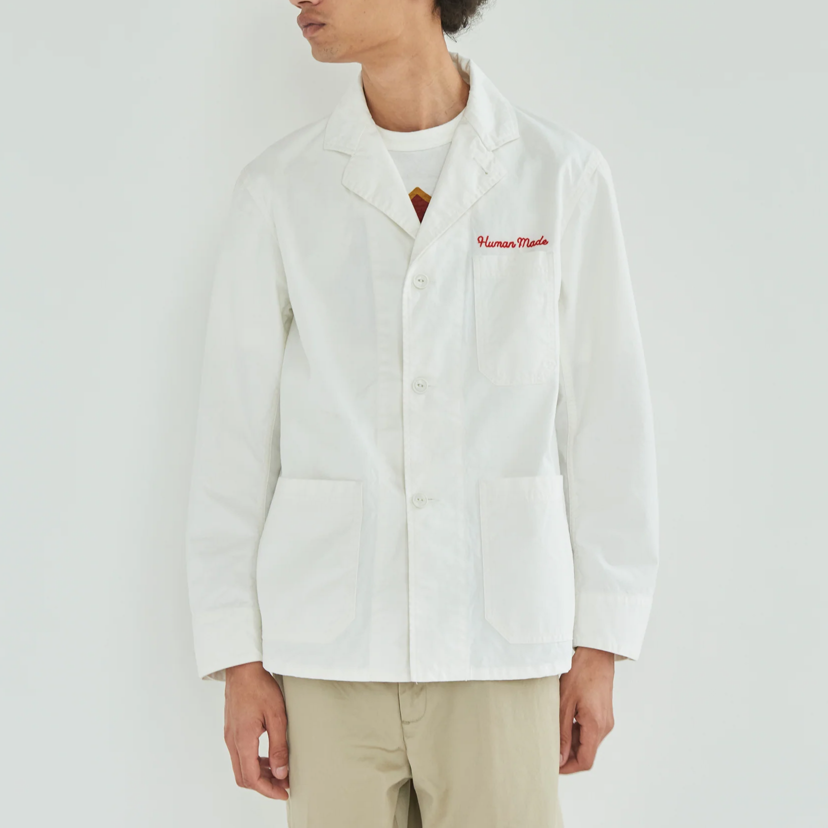 Shop HUMAN MADE SS24 Jaket Kerja Santai Logo Bordir Putih Unisex. HM27JK022